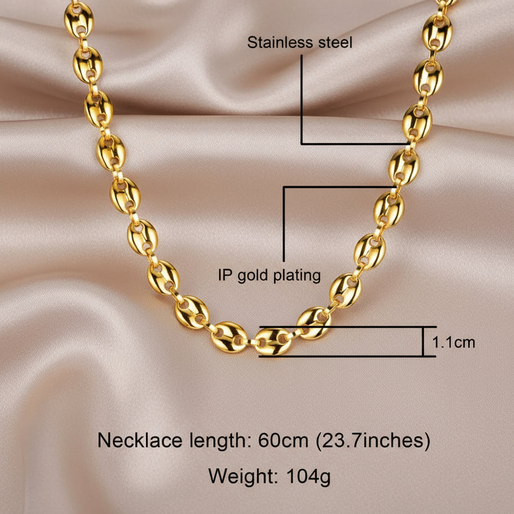 Chunky Coffee Bean Chain Bracelet & Necklace- Unisex Statement Set 