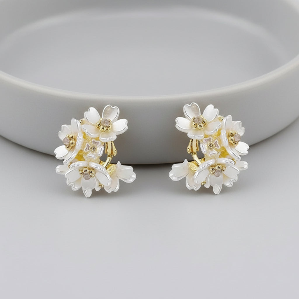 Pearl Bloom – White Shell Flower Hoop Earrings