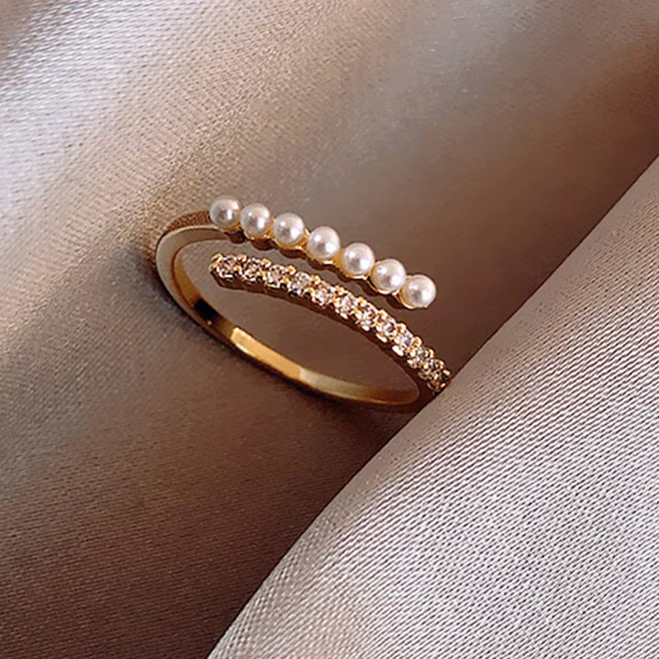 Gold Pearl Ring – Shiny Zircon Pearl Open Ring