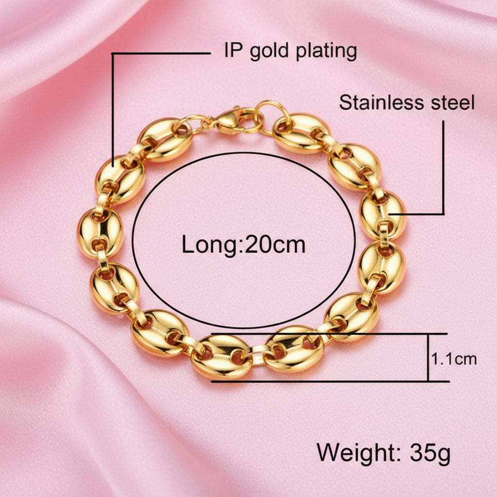 Chunky Coffee Bean Chain Bracelet & Necklace- Unisex Statement Set 