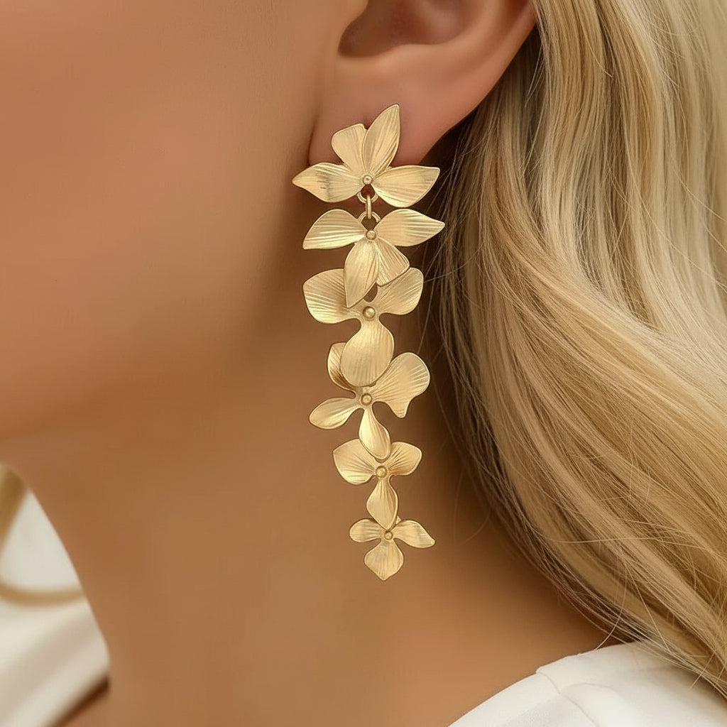 Radiant Leaf & Bloom Gold Drop Earrings - Luxury Danglers