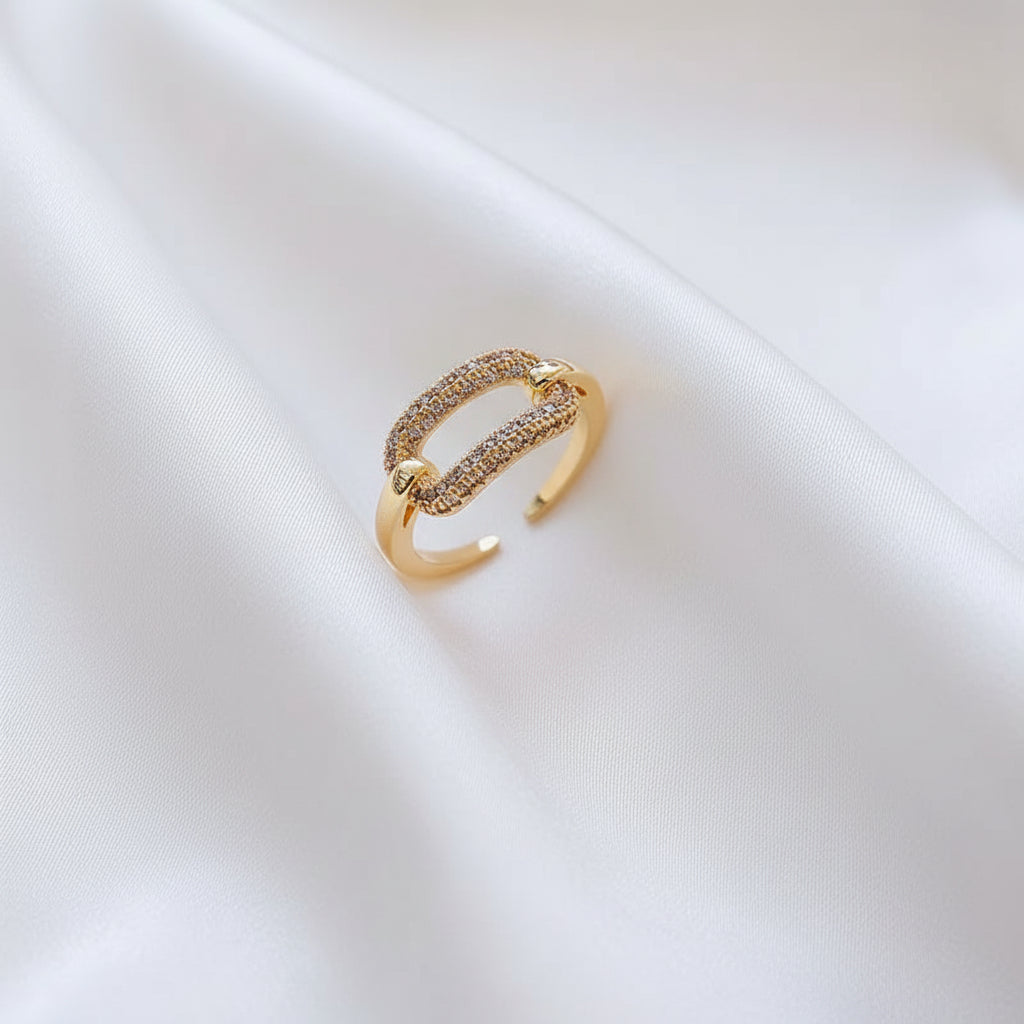Luxury Spark in Bold Geometry – Gold Open Ring with CZ Stone