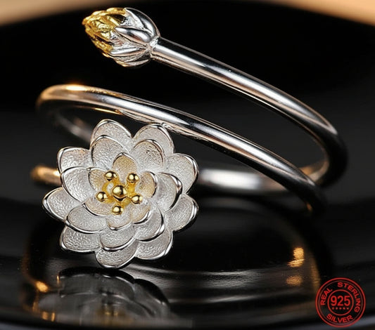 Sterling Lotus Charm Ring – Elegant Adjustable band