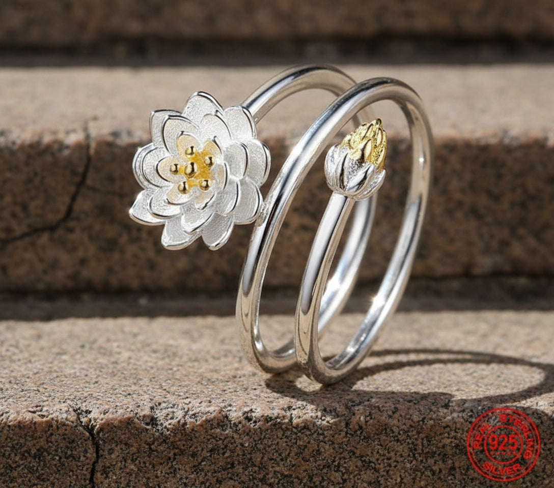 Sterling Lotus Charm Ring – Elegant Adjustable band