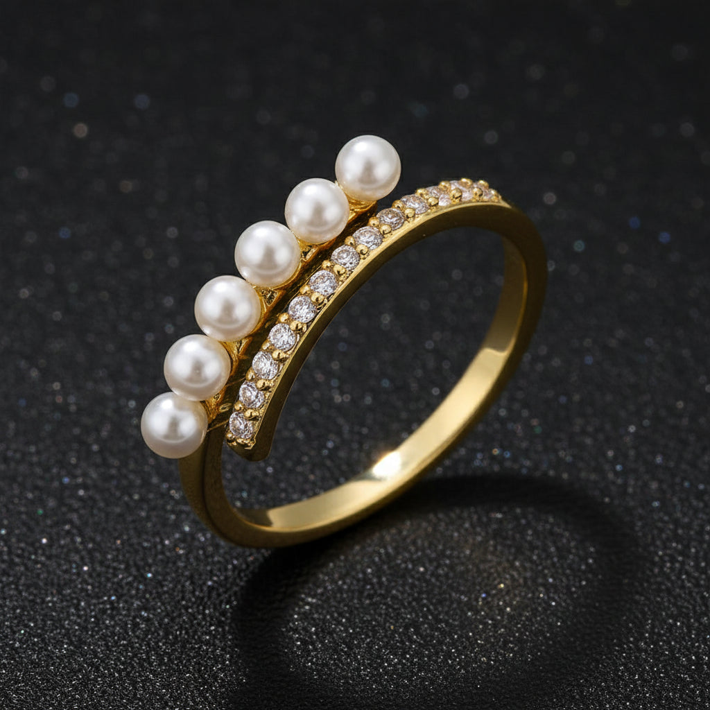 Gold Pearl Ring – Shiny Zircon Pearl Open Ring