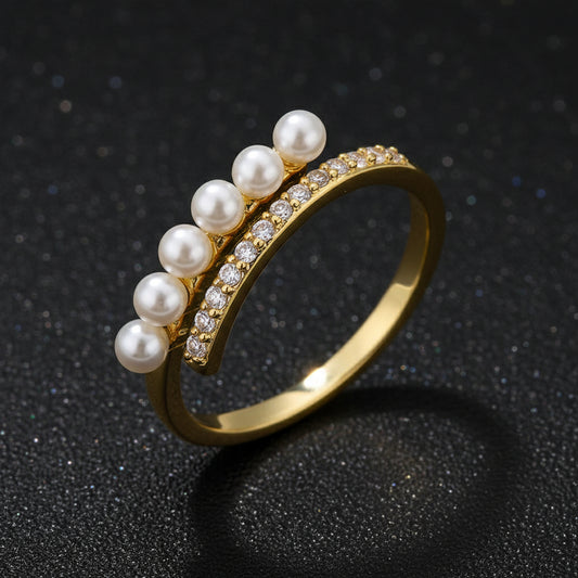 Gold Pearl Ring – Shiny Zircon Pearl Open Ring