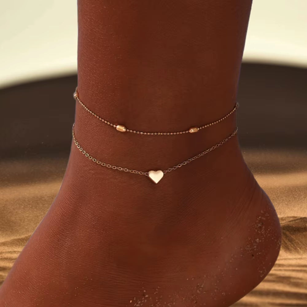 Love Heart Anklet Set – Stylish Gold Chain Foot Bracelet