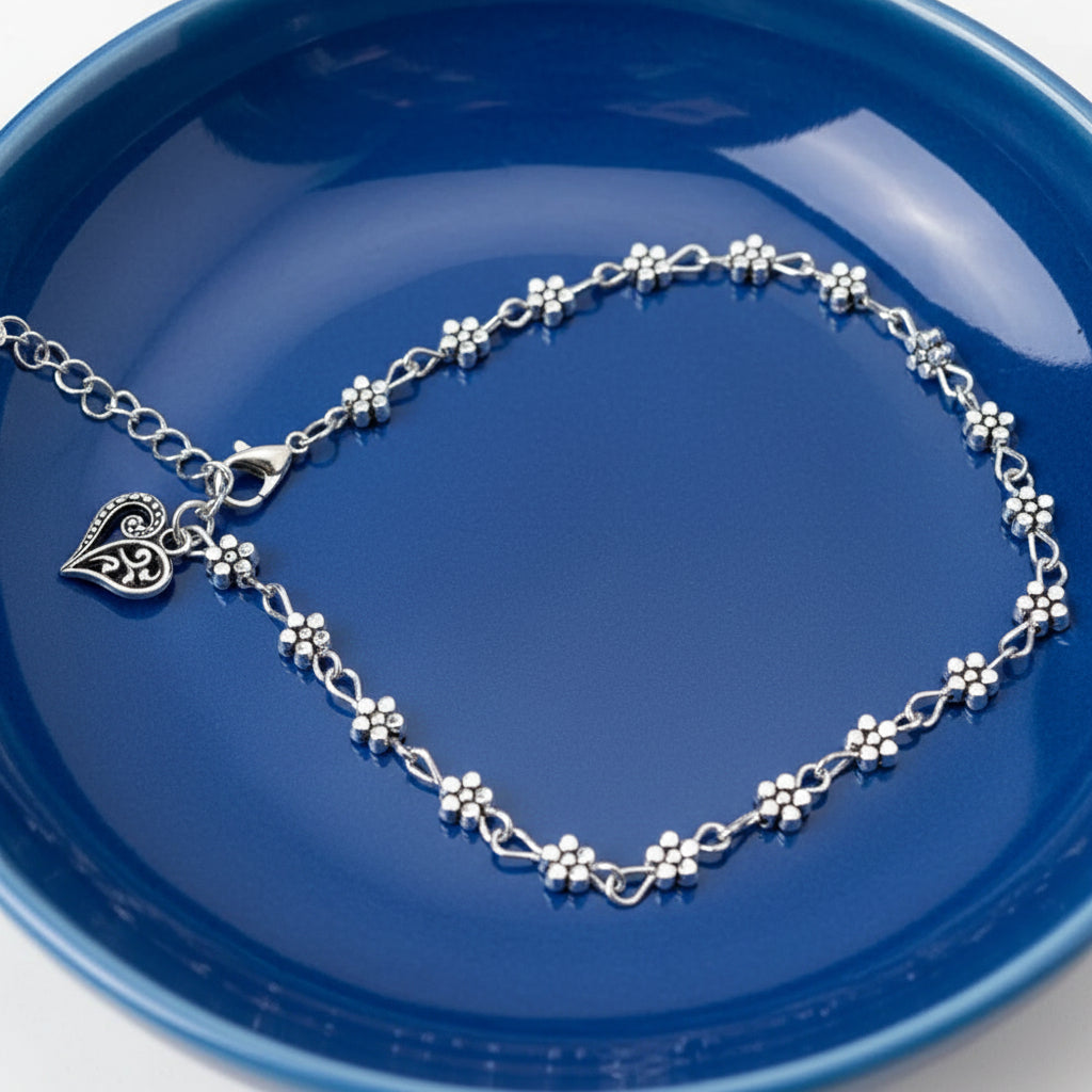 Whispers of Bloom: Plum Blossom Anklet in Tibetan Silver: Luxe Anklet for Serene Souls silver heart top